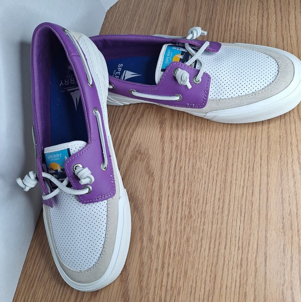 Sperry Soletide 2-Eye Boat Shoe Sneakers White Purple Leather Suede Womens - 8.5